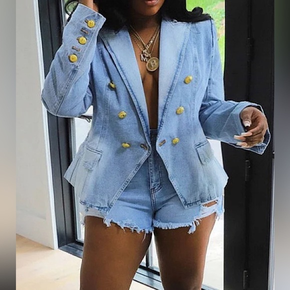 Denim Button Up Pocket Turndown Collar Long Sleeve Jacket Blazer Size Large - Picture 2 of 4